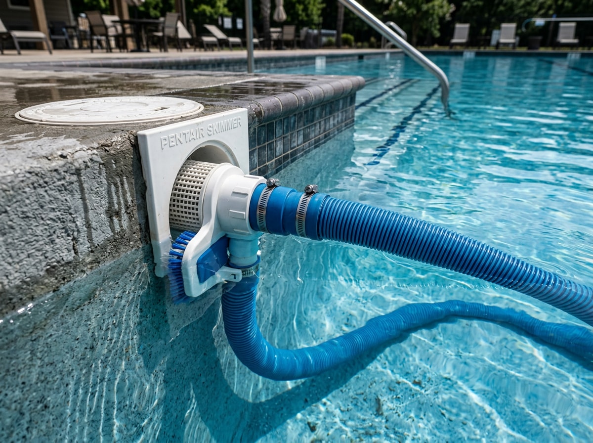 Suction-side commercial pool vacuum attached to a skimmer port