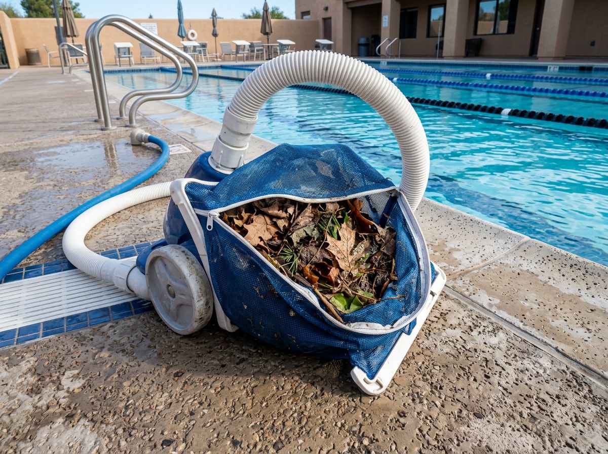 Pressure-side commercial pool vacuum with a full collection bag on the pool deck