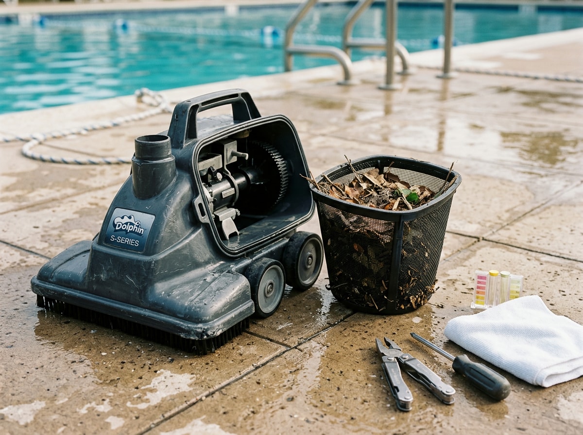 Close-up of a commercial pool vacuum maintenance check with the debris basket removed