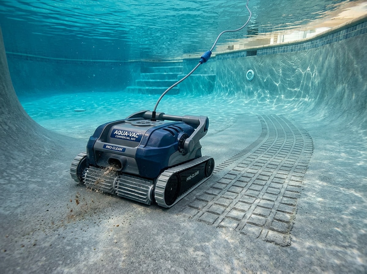 Robotic commercial pool vacuum cleaning the floor of a gunite pool