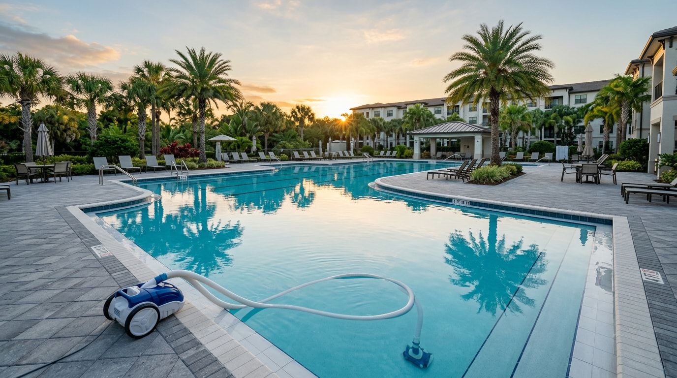 Commercial swimming pool in Orlando, FL with a pool vacuum positioned at the edge Commercial swimming pool in Orlando, FL with a pool vacuum positioned at the edge