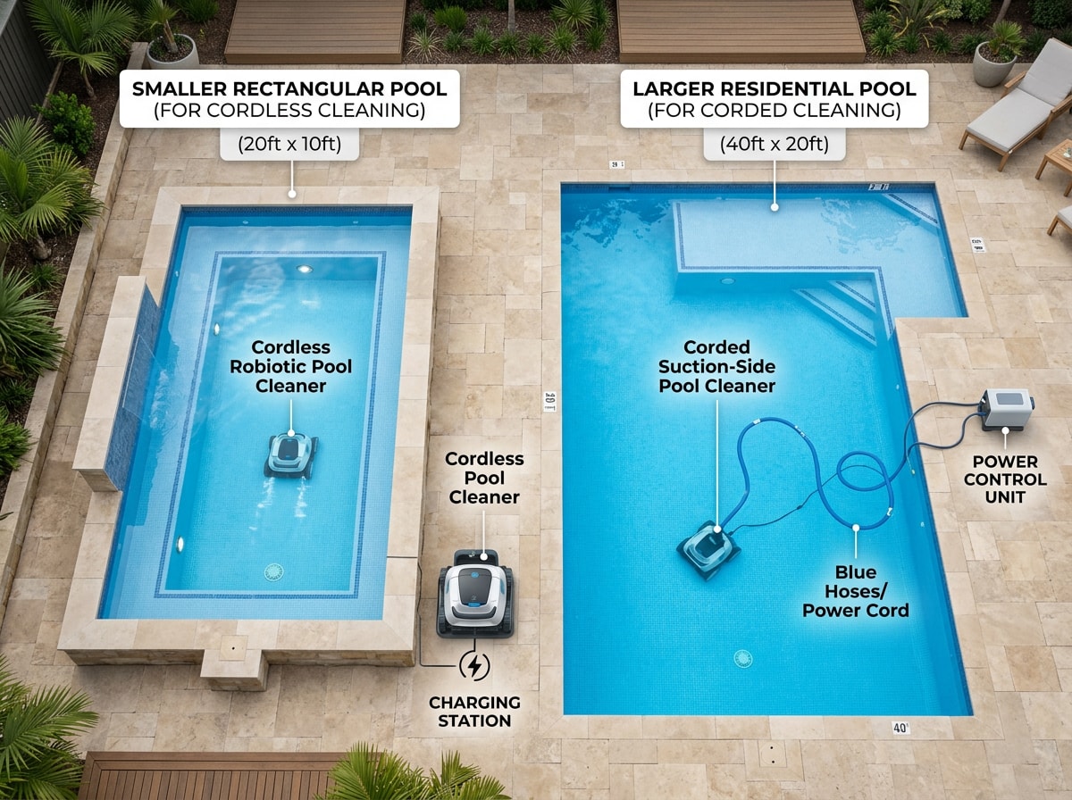 Diagram comparing pool size ranges best suited to cordless versus corded pool robots