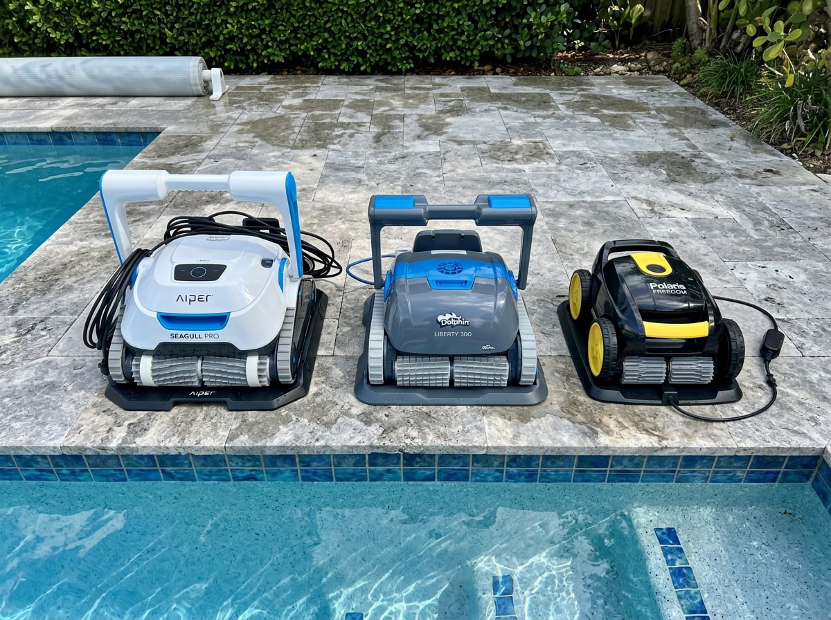 Comparison chart of runtime and charge time across several 2026 cordless pool robot models