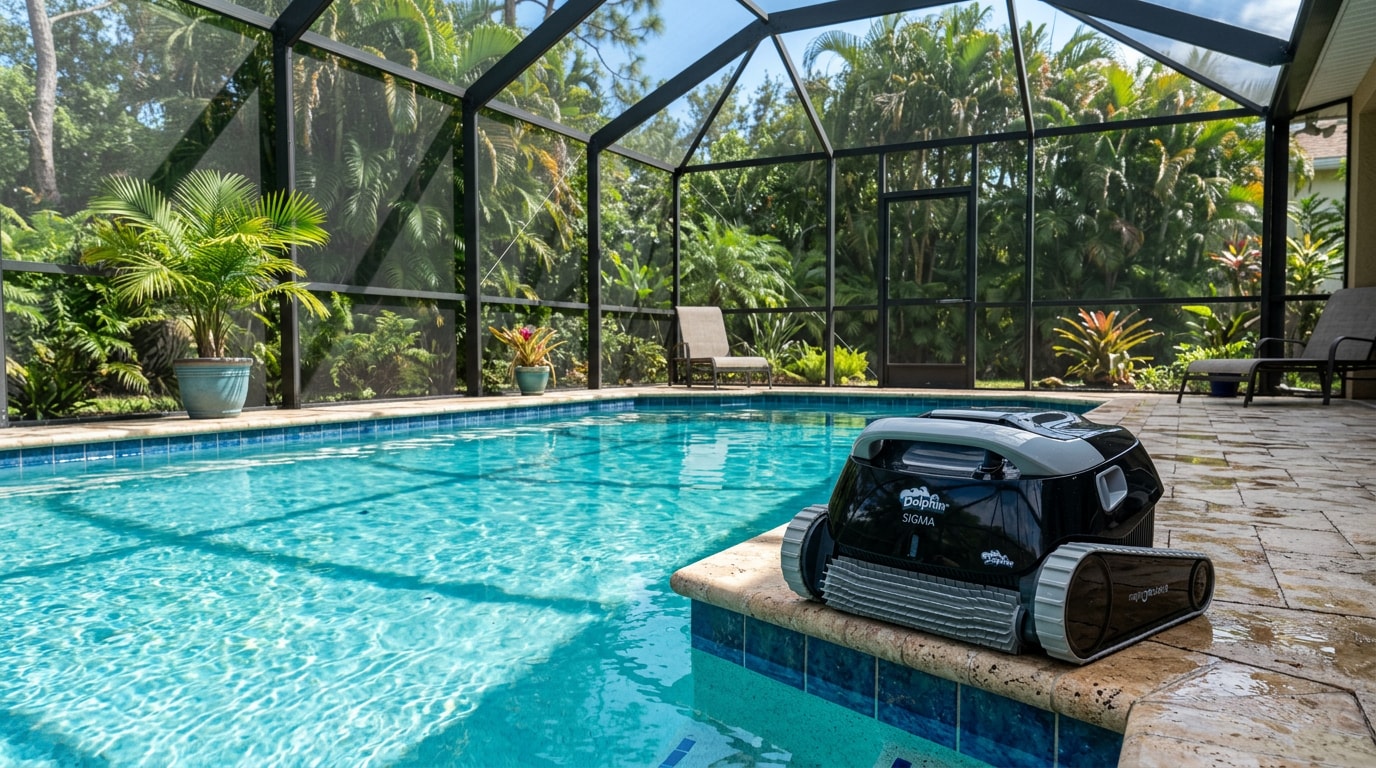 Cordless robotic pool cleaner resting on the deck of a Winter Park, FL inground pool