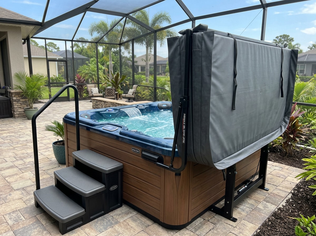 Hot tub on a paver patio with a cover lifter holding the cover open and steps beside it