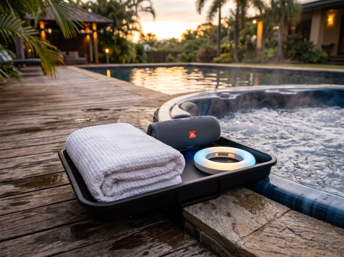 Close-up of spa-side accessories including a caddy tray, waterproof speaker, and LED light ring