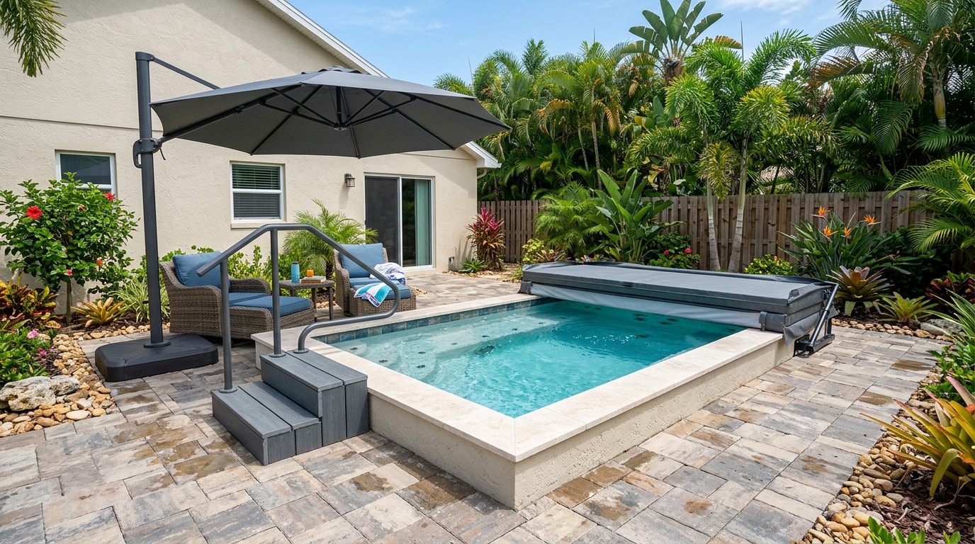 Finished backyard hot tub with cover lifter, steps, and shade umbrella in Orange County, FL