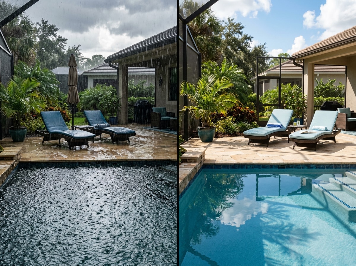 Side-by-side comparison graphic of a pool deck in heavy summer rain versus calm winter weather