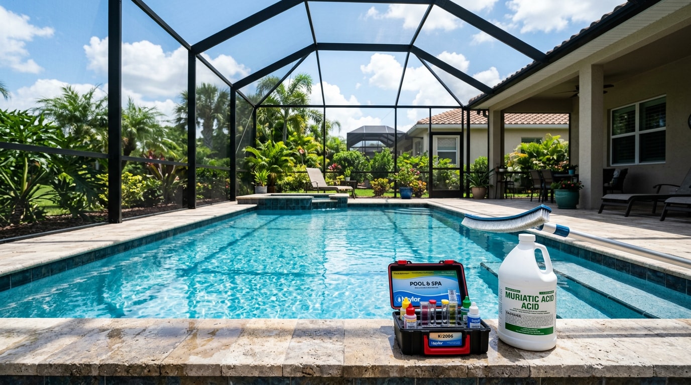 Clear, balanced residential pool in Winter Garden, FL with pool testing supplies on the deck