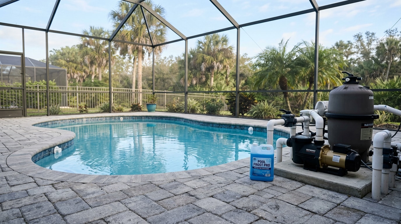 Inground pool equipment pad with winterizing plugs and pool antifreeze jug in Lake Mary, FL Inground pool equipment pad with winterizing plugs and pool antifreeze jug in Lake Mary, FL
