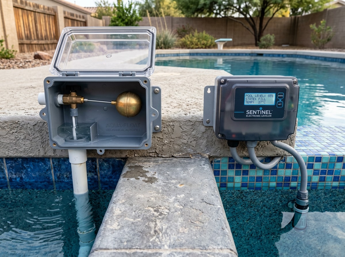 Side-by-side comparison of float-valve and electronic pool water leveler types installed on a pool deck