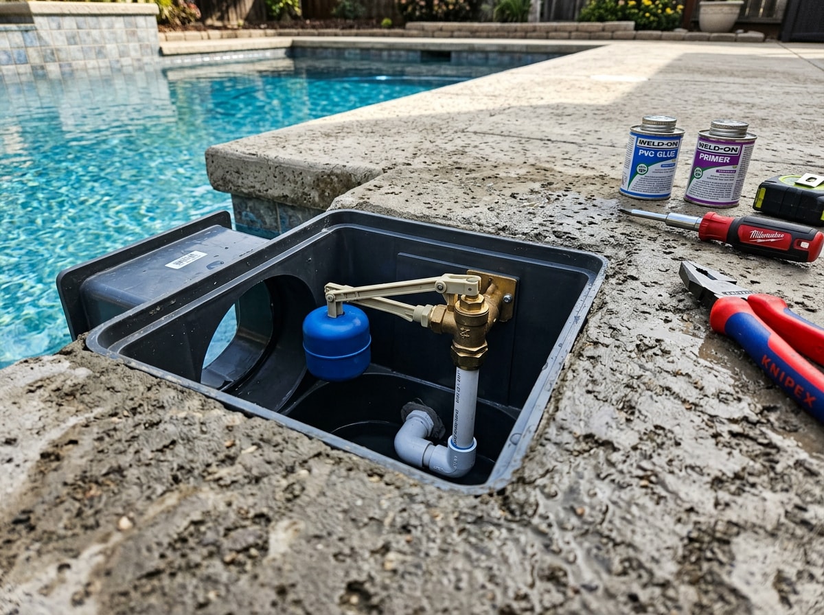 Technician installing a pool auto fill valve near the skimmer housing on a residential pool deck