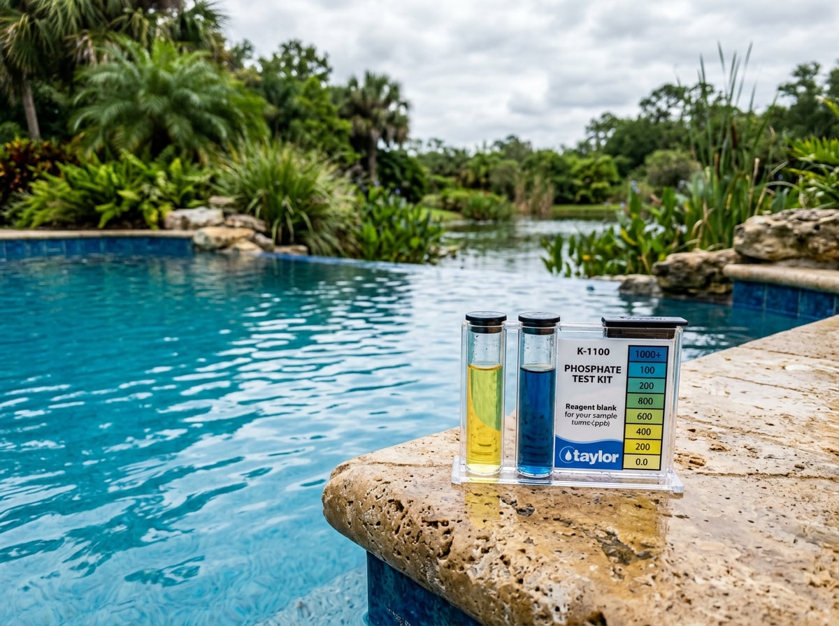 Pool deck near a retention pond with a phosphate test kit for algae prevention in Oviedo, FL