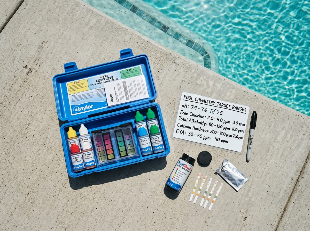 Pool chemistry target range chart showing pH, alkalinity, calcium hardness, and cyanuric acid levels