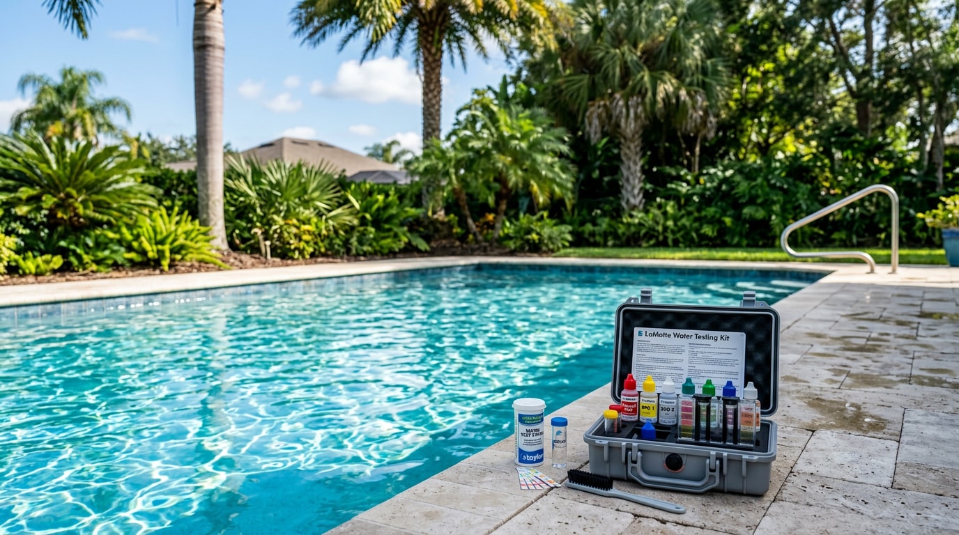Pool water testing kit on the deck of a clear blue swimming pool in Oviedo, FL