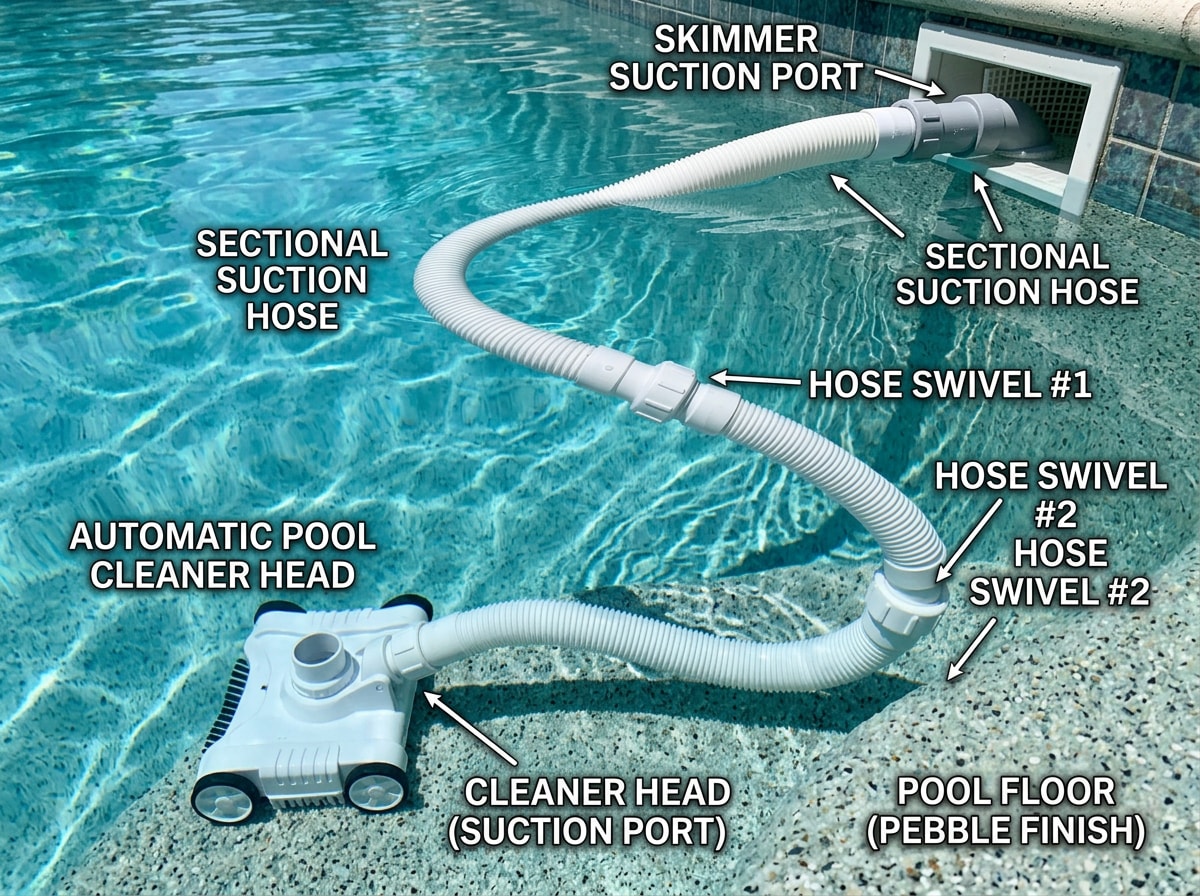 Labeled diagram of a suction-side pool cleaner hose running from the skimmer to the cleaner head