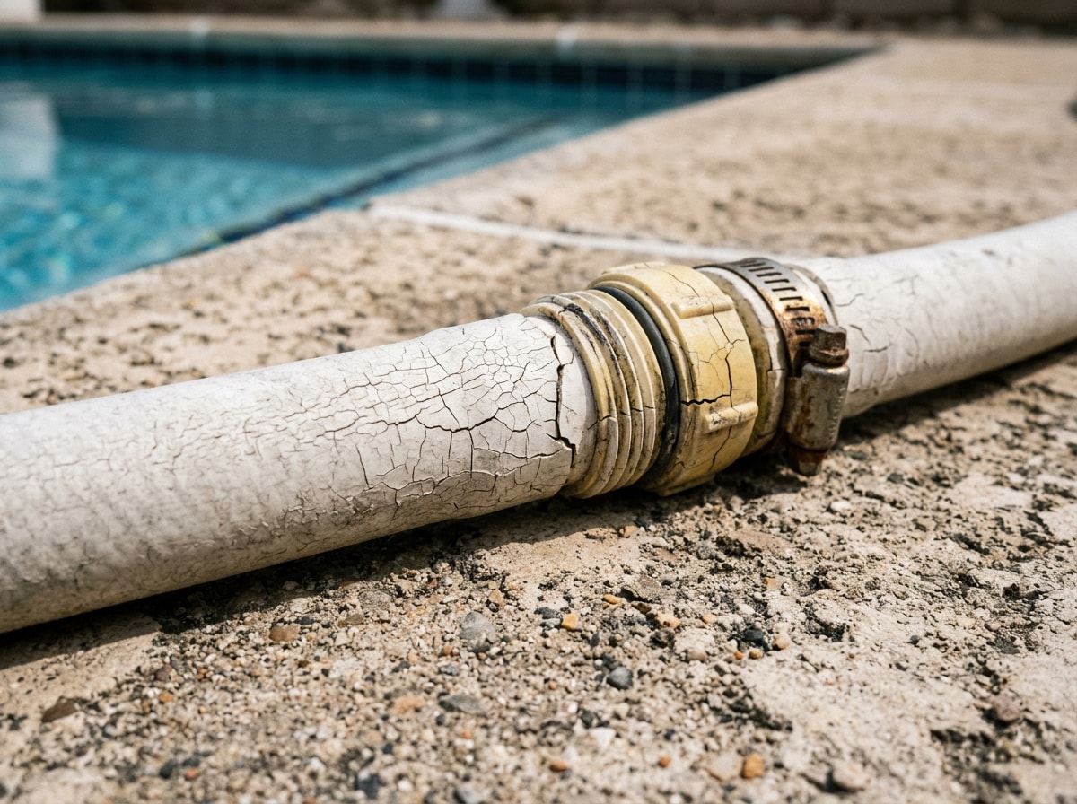 Close-up of a disconnected pool cleaner hose section showing visible cracking