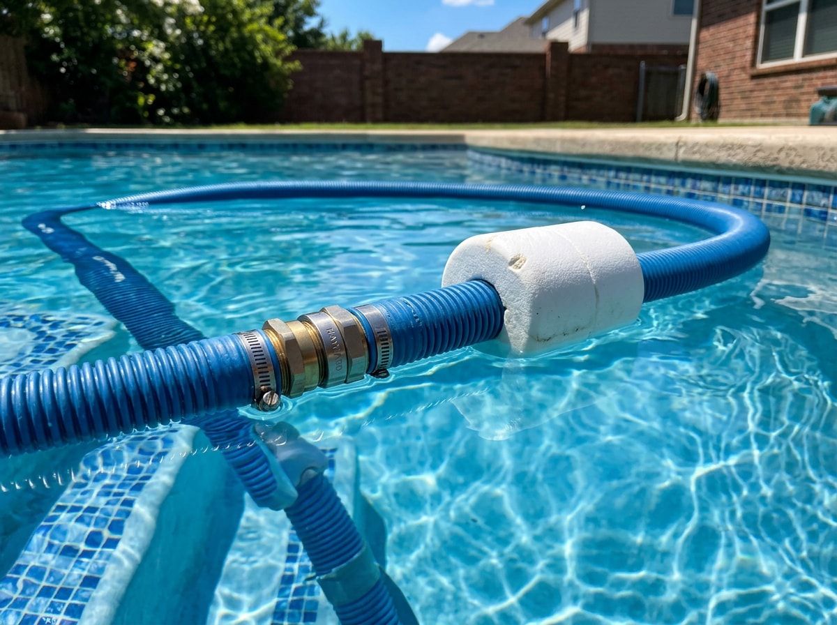 Pool cleaner hose with a float and swivel correctly positioned along its length