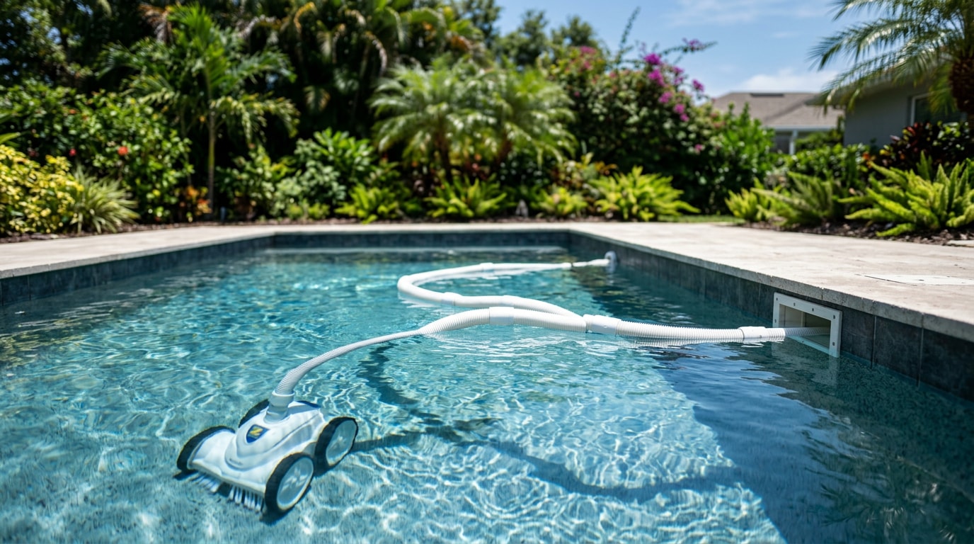 Automatic pool cleaner hose floating across a Florida residential pool
