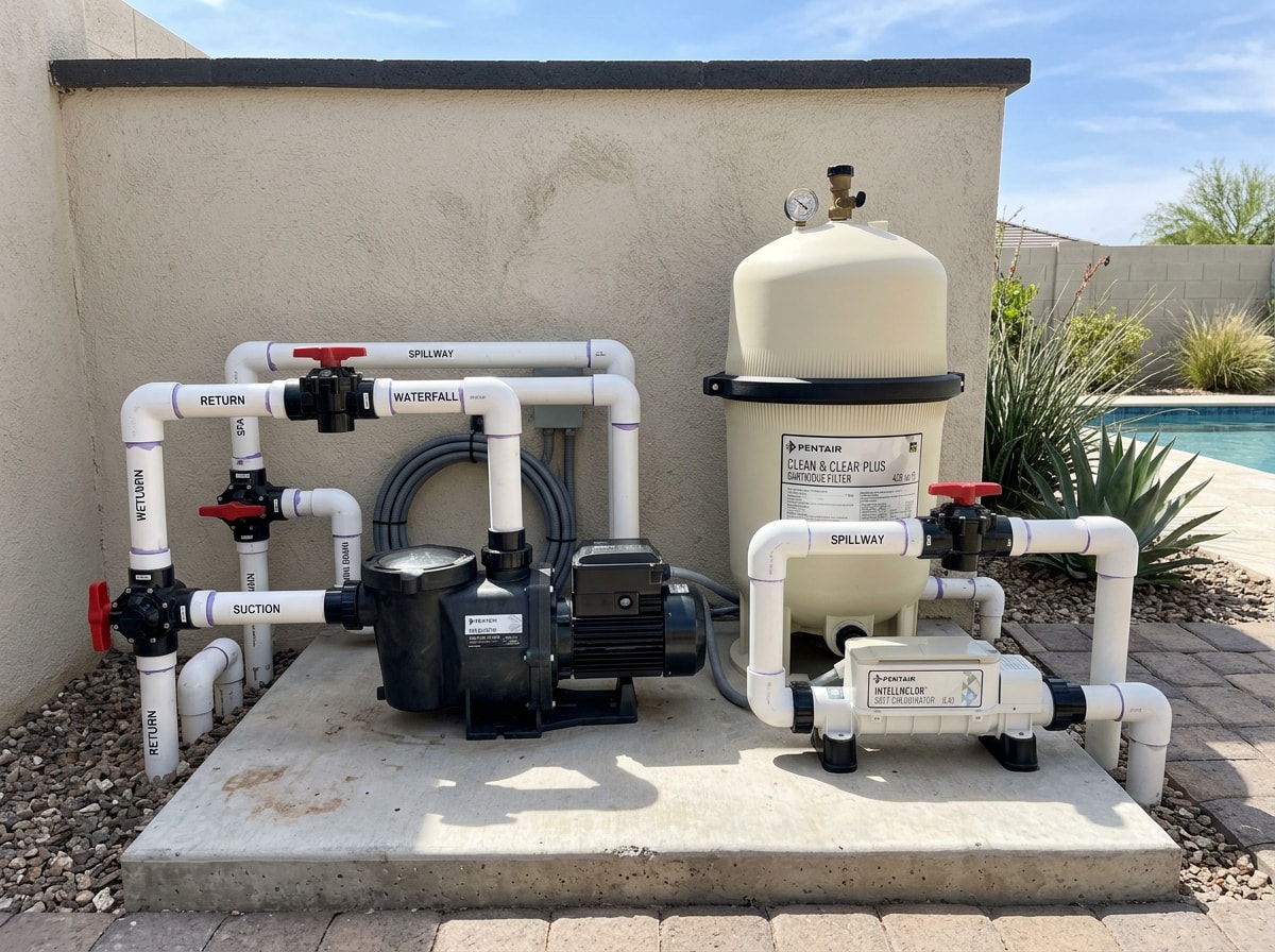 Pool equipment technician repairing a pump and filter system in Oviedo, FL