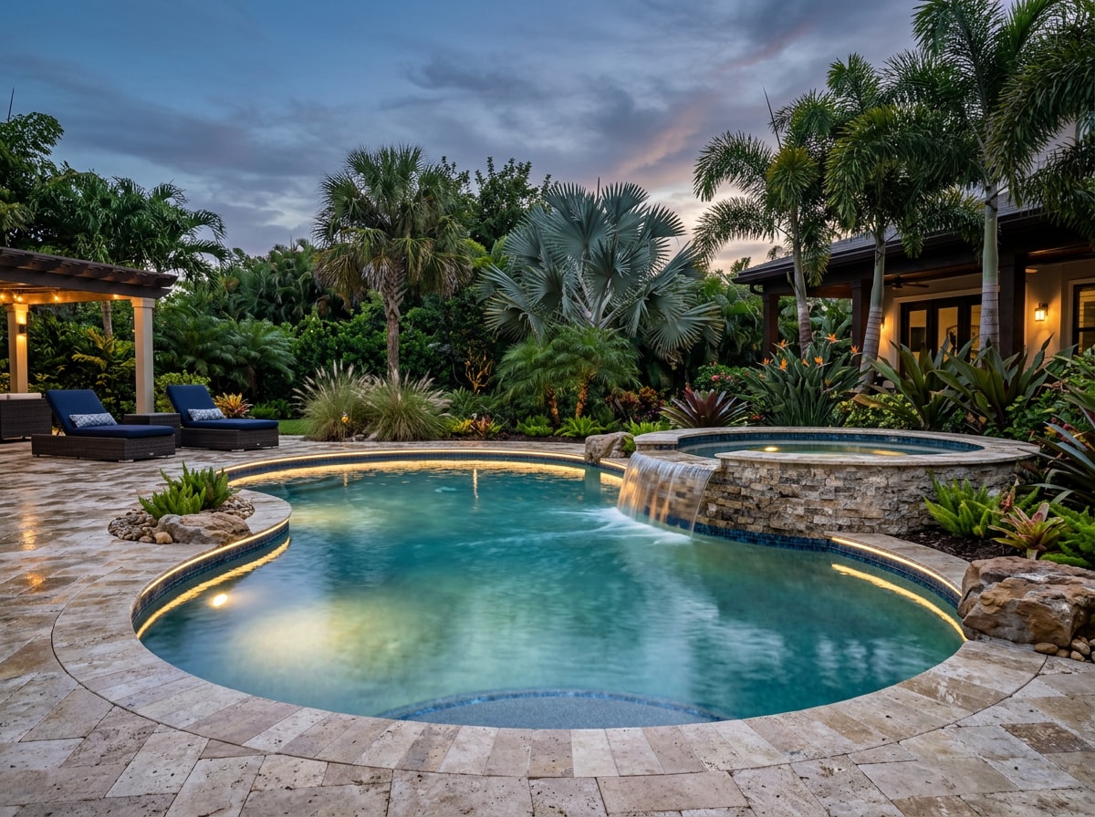 Custom-designed backyard pool and spa combo built for a Florida home