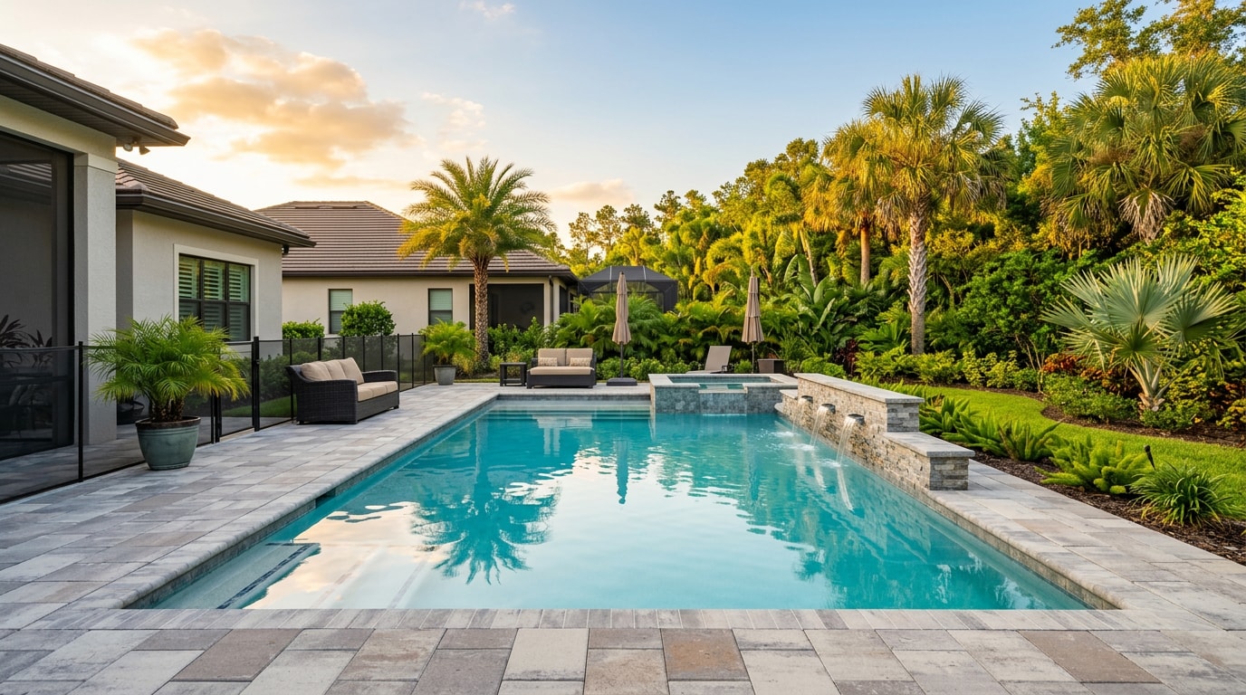 Backyard swimming pool in Oviedo, FL with clean water and modern deck