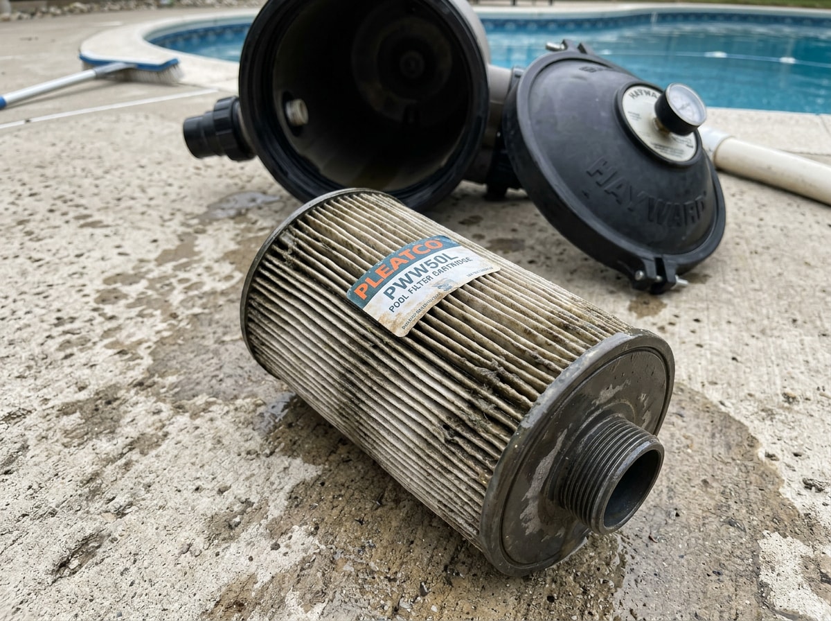 Pleated pool filter cartridge removed from its housing for cleaning