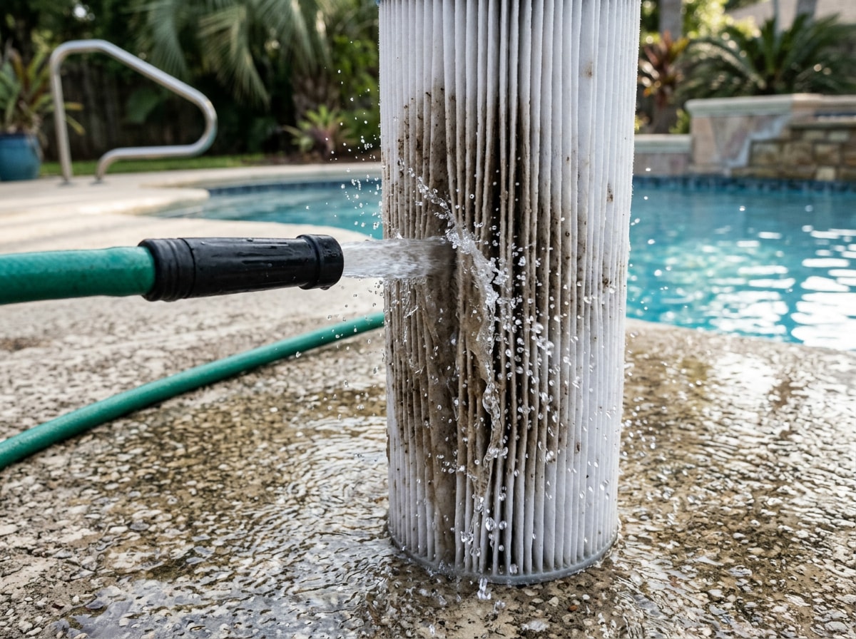 Hose rinsing debris from the pleats of a pool filter cartridge