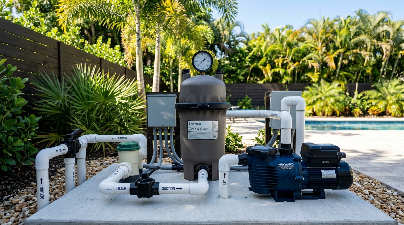 Residential pool equipment pad with a cartridge filter housing and pressure gauge in Florida
