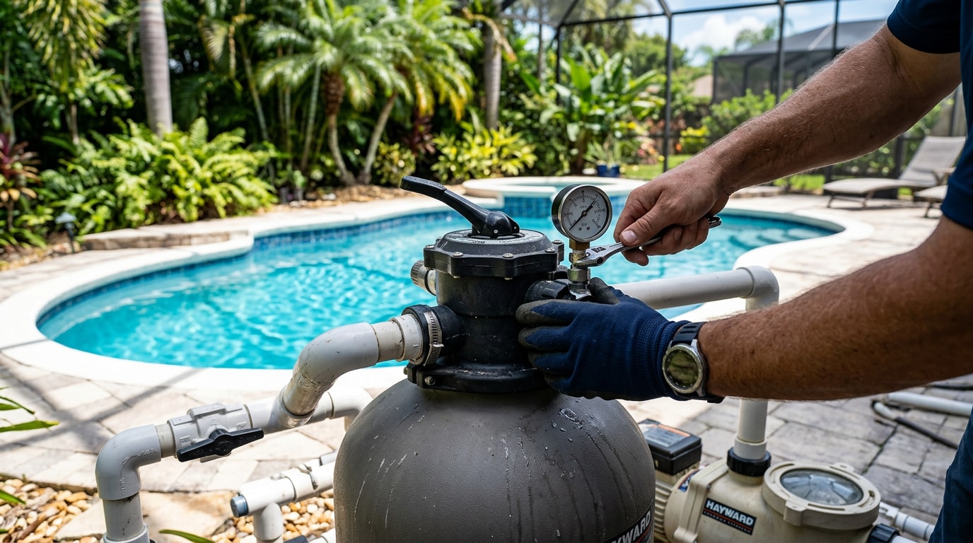 Pool filter system being serviced beside a residential in-ground pool in Florida Pool filter system being serviced beside a residential in-ground pool in Florida