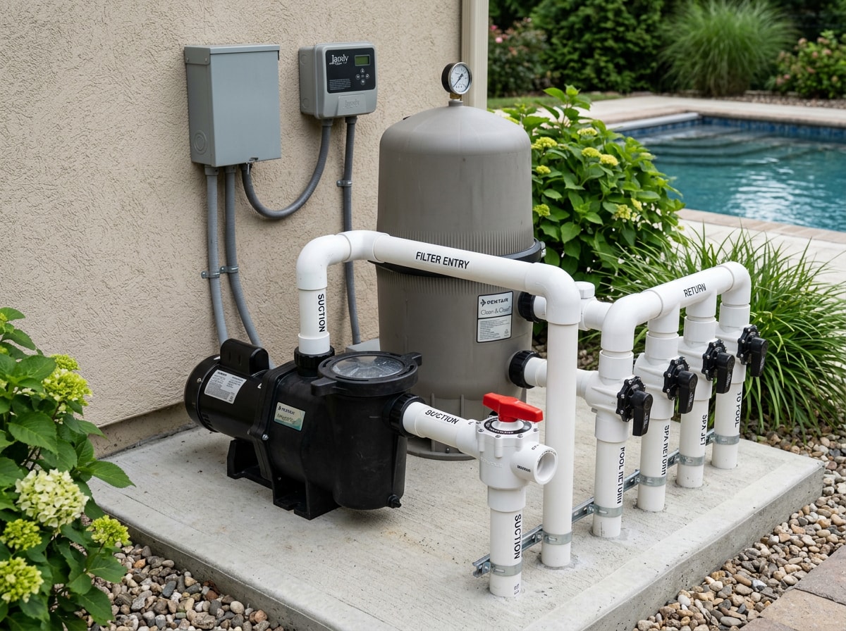 Pool equipment pad with filter and pump inspected during a routine maintenance visit