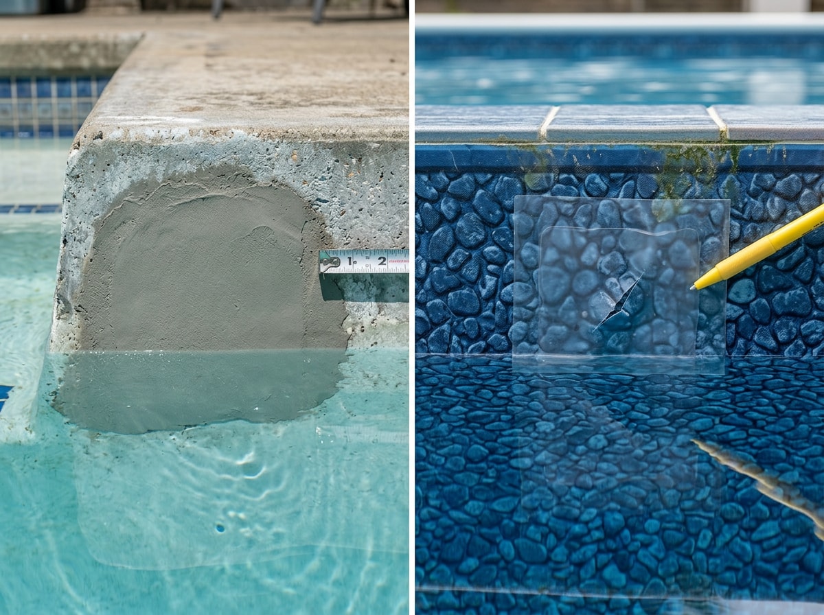 Side-by-side comparison of a plaster pool patch and a vinyl pool liner patch