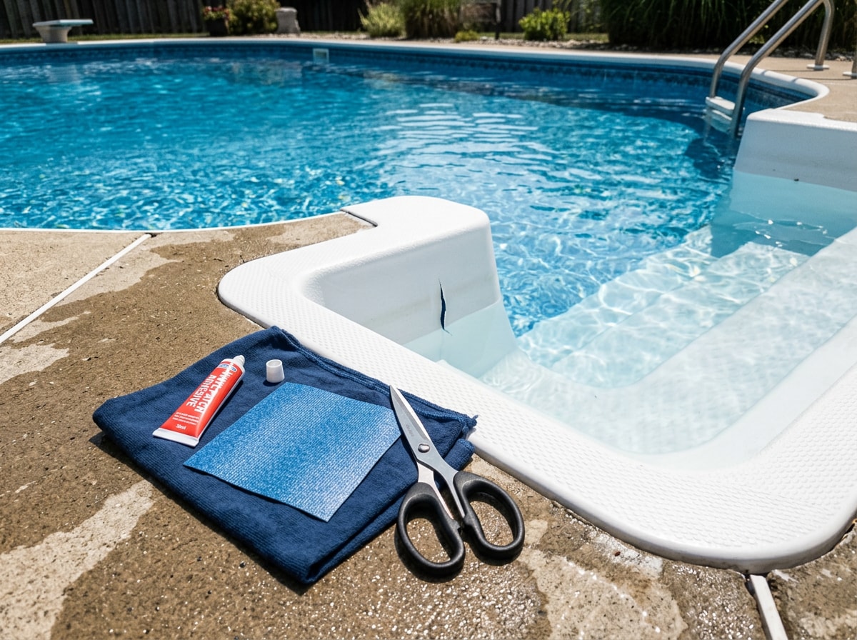 Step-by-step photos of a vinyl pool liner patch being applied underwater