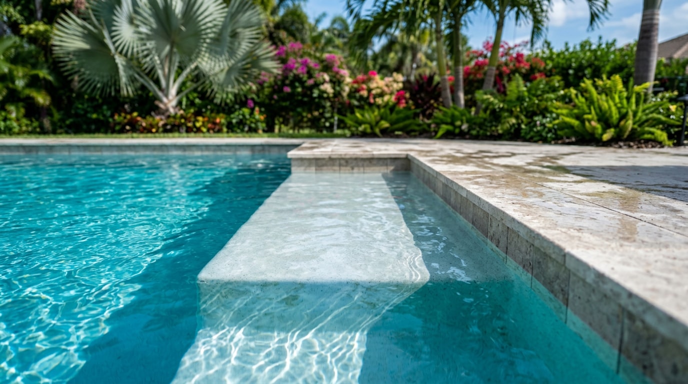 Freshly repaired inground pool step in a Florida backyard
