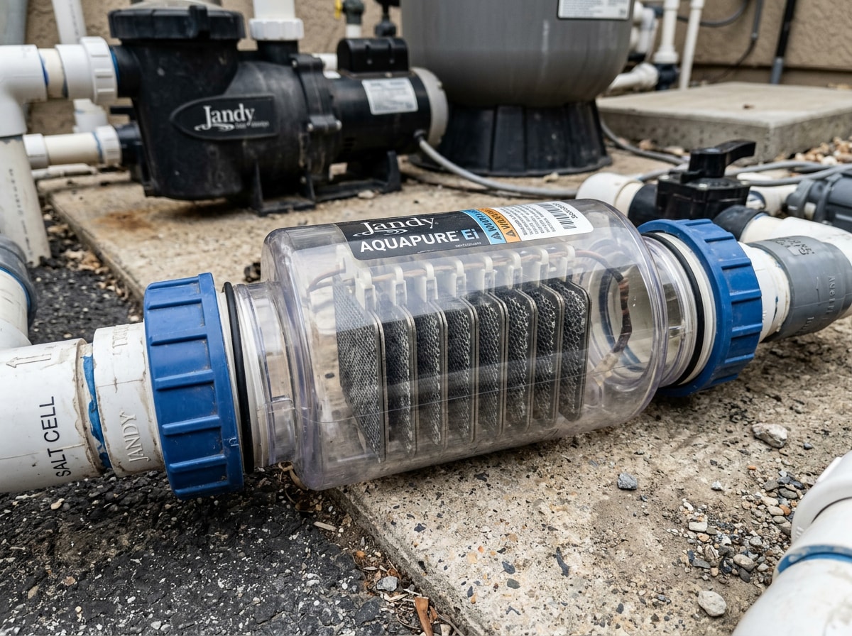 Salt cell housing with titanium plates connected to pool plumbing near the filter