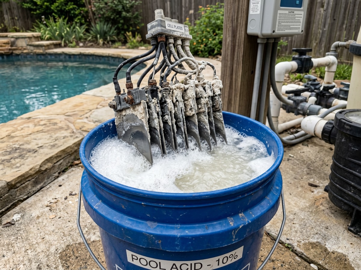 Salt cell plates soaking in a diluted acid wash solution during cleaning