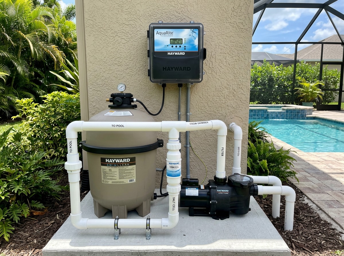 Newly installed salt chlorine generator pad beside a residential pool filter system