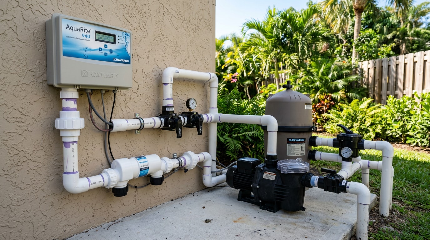 Salt chlorine generator and pool equipment pad installed at a Florida home