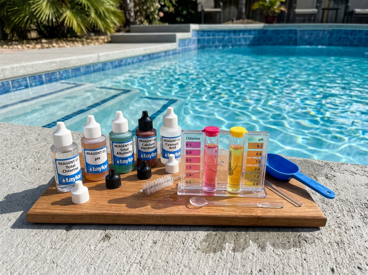 Clear blue Apopka, FL backyard pool with a technician's water testing kit set on the deck