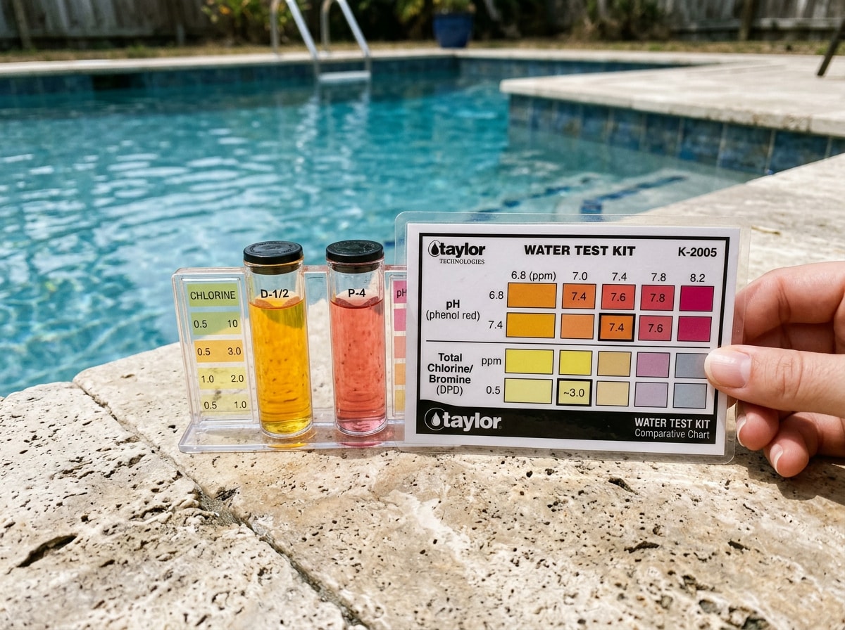 Pool technician reviewing chlorine and pH readings from a professional liquid test kit