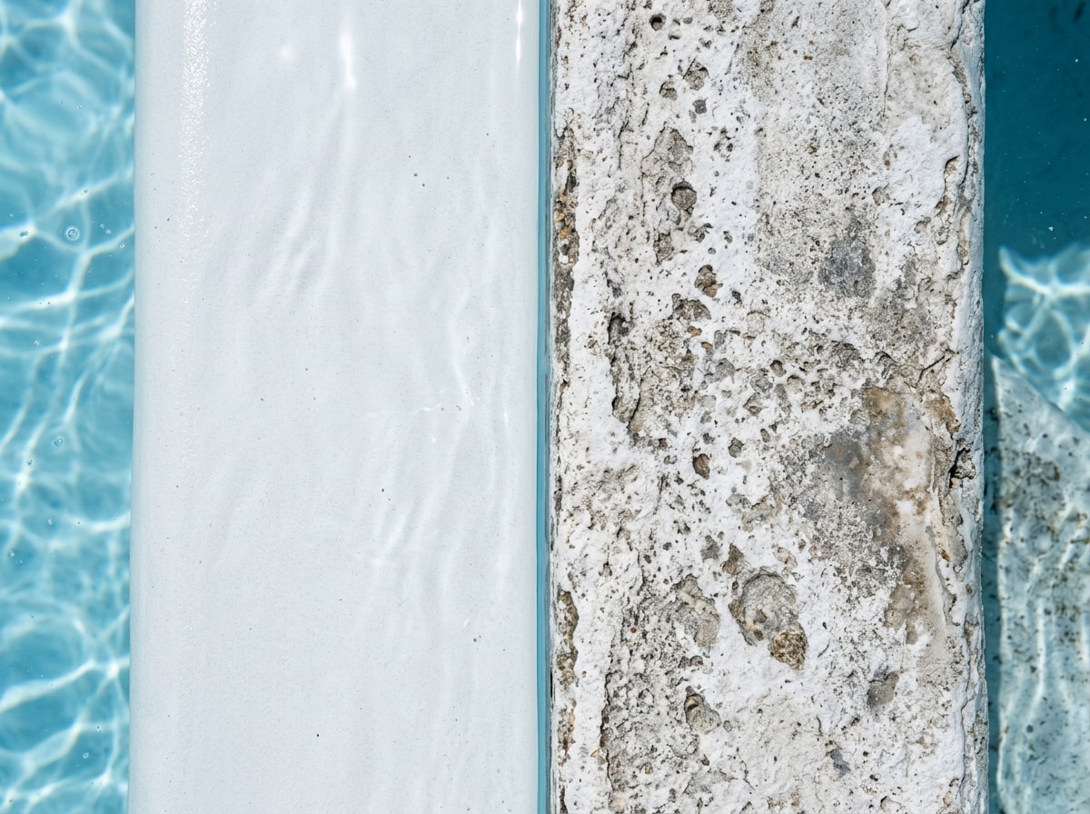 Close-up comparison of smooth new pool plaster next to a rough, deteriorated pool surface