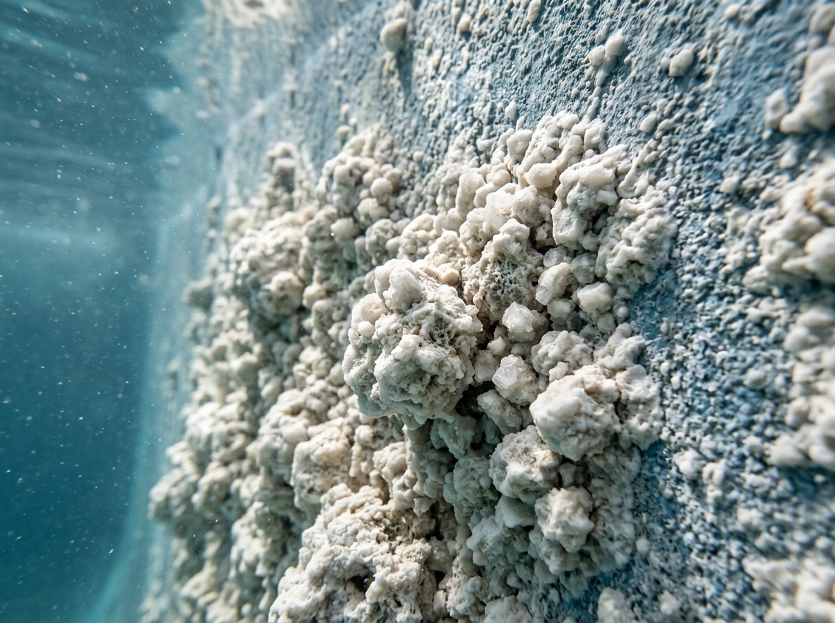 Close-up of white calcium scaling nodules forming on a pool plaster surface