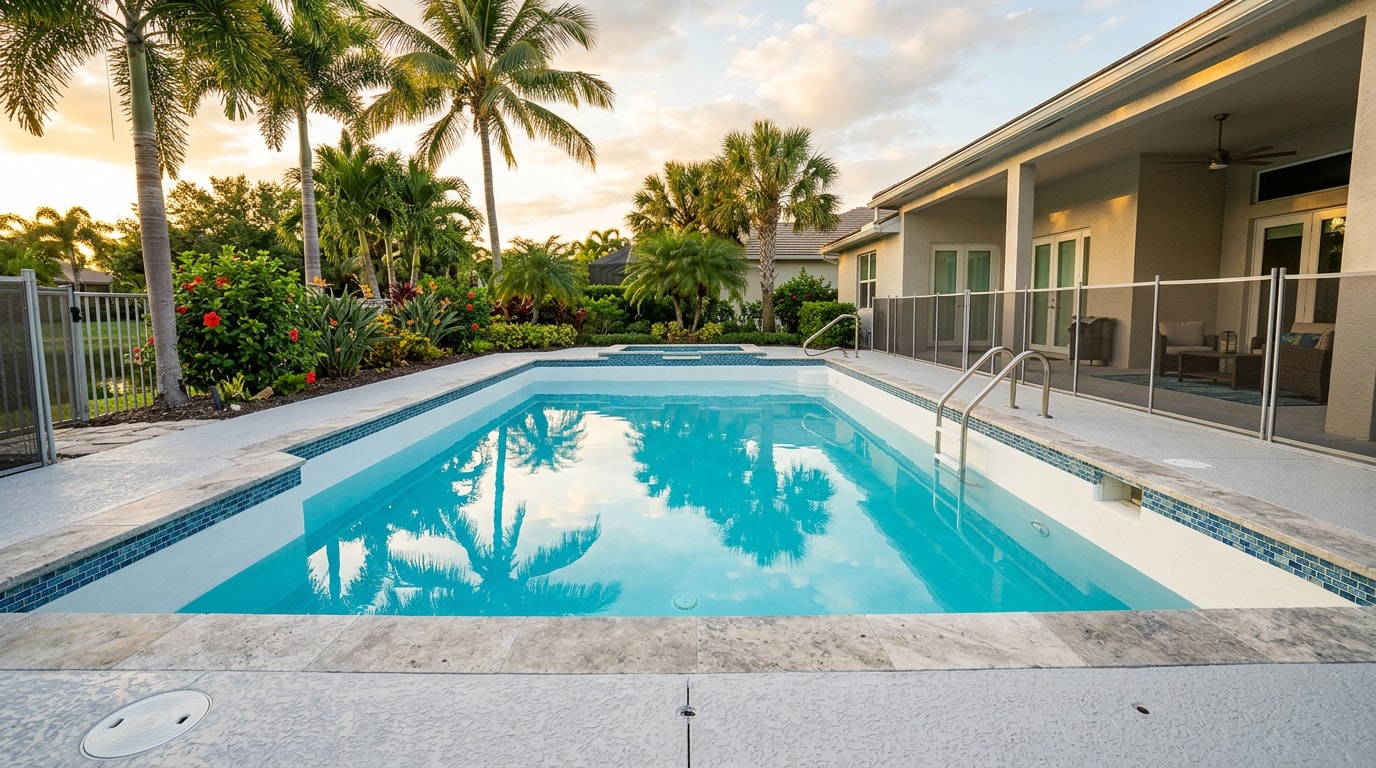 Freshly replastered residential pool with smooth white finish in a Lake Mary, FL backyard