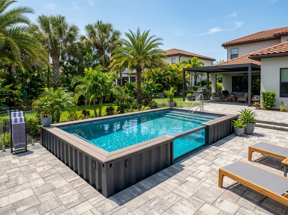 Finished shipping container swimming pool installed in an Orange County, FL backyard