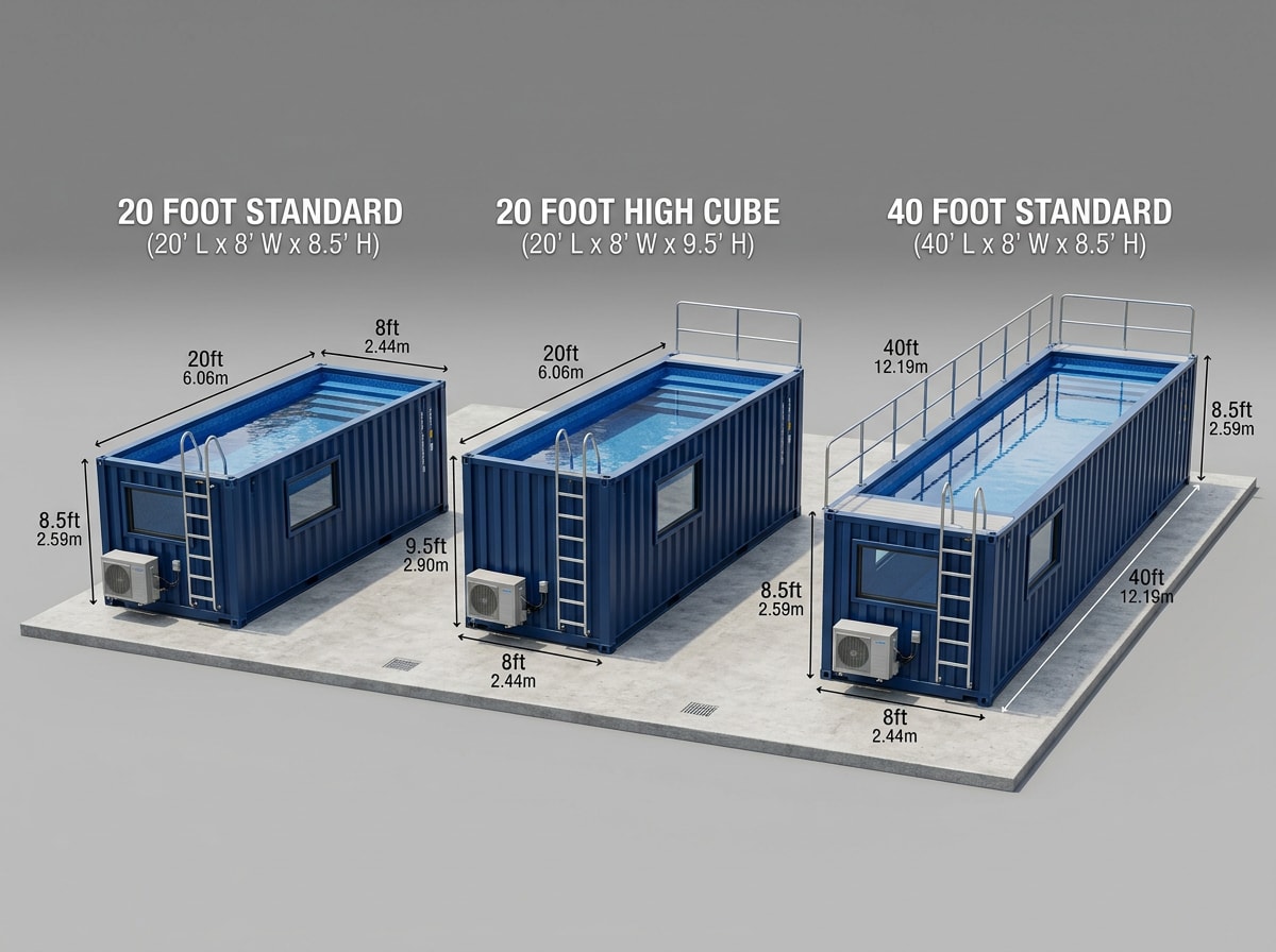 Diagram comparing 20ft, 20ft High Cube, and 40ft container pool dimensions