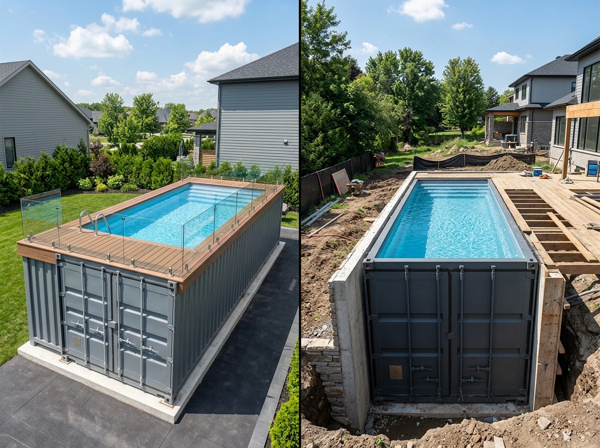 Above-ground and in-ground shipping container pool styles side by side