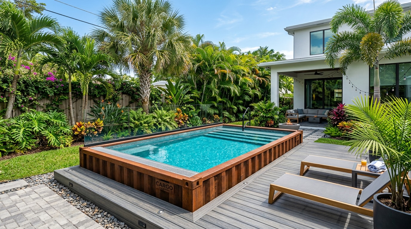 Shipping container pool installed in a Florida backyard
