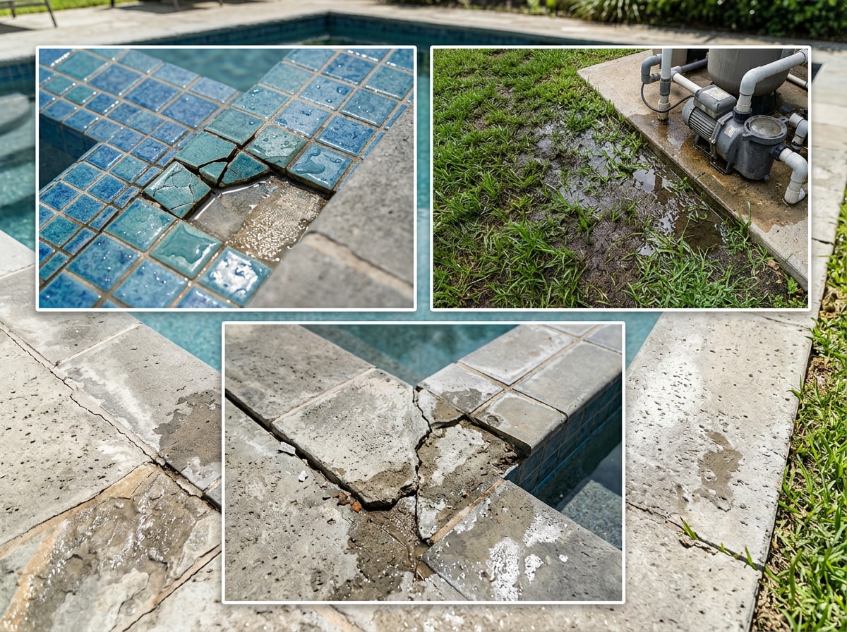 Checklist graphic showing common signs of a swimming pool leak