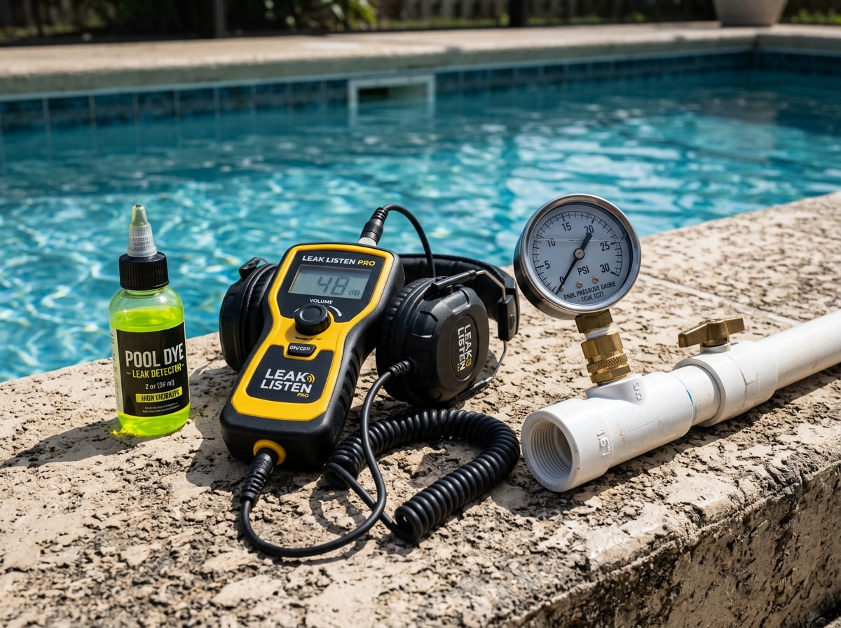Pool leak detection equipment including dye test kit and electronic listening device