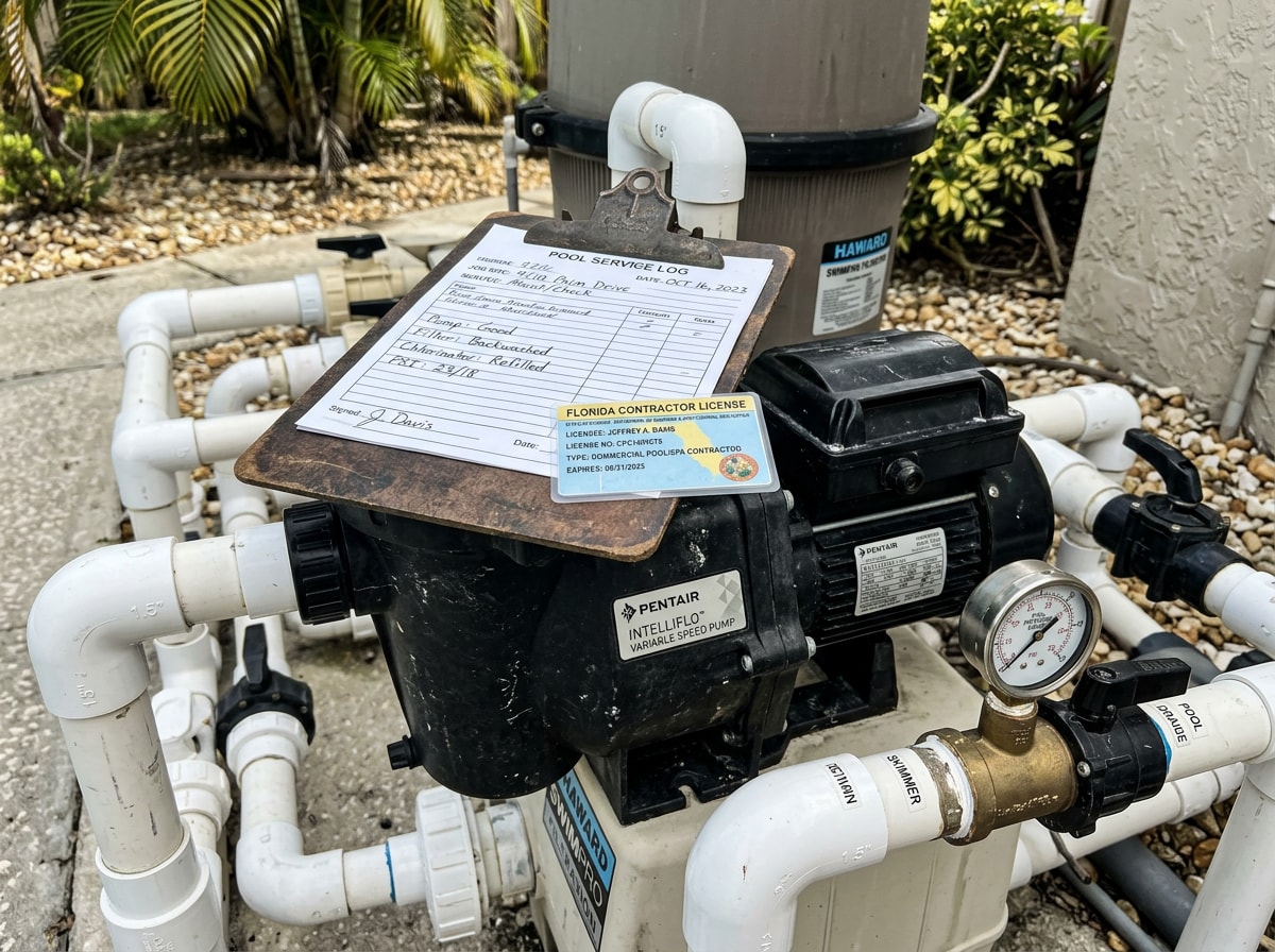 Licensed pool technician inspecting equipment for leak detection in Seminole County